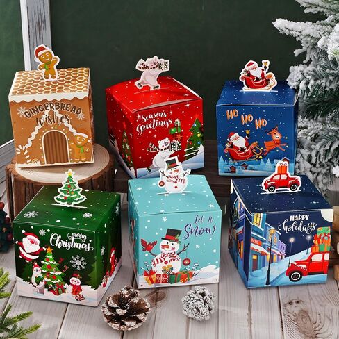 Whaline Christmas Treat Box Xmas Tree Gift Boxes Snowman Gingerbread Candy Goodie Square Paper Boxes for Holiday Birthday Party Gift Wrapping Decor, 24Pcs in Saudi Arabia
