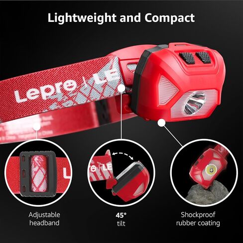 LE 320015 Battery Powered Headlamp - 1500Lux Super Bright LED Head Lamp with Red Light, IPX4 Waterproof Headlights for Outdoor Camping, Hiking, Hunting, Power Outages, Emergency, Hurricane, 2 Packs in Kuwait