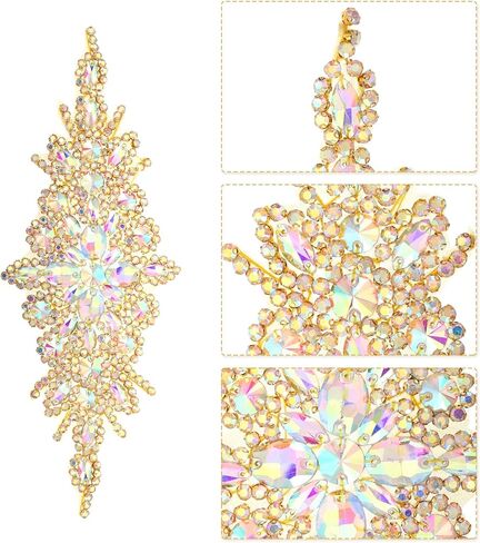 uxcell Crystal Rhinestone Applique, Sew on Applique Wedding Dress Decoration for Women DIY Prom Ceremony Party, AB, Silver, 1 PCS in Kuwait