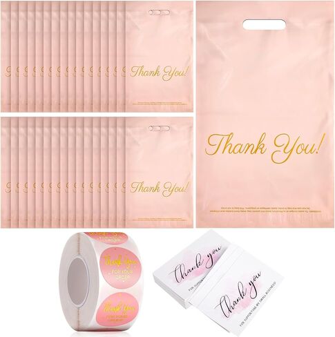 ReliThick 200 Pcs Poly Mailers 10x13 Inches Pink Shipping Bags with 200 Thank You Cards and 500 Sticker Thank You Self Adhesive Packaging Bags Mailing Envelopes with Handle for Small Business in Saudi Arabia
