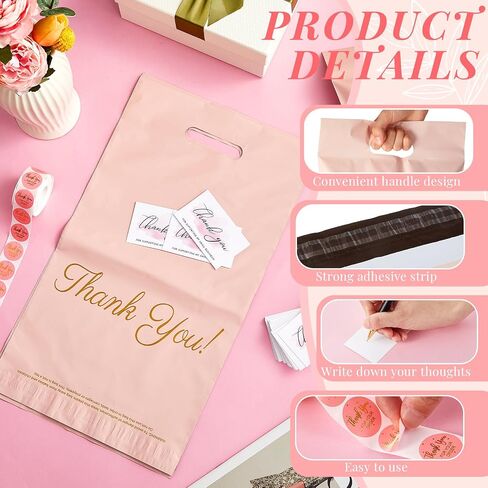 ReliThick 200 Pcs Poly Mailers 10x13 Inches Pink Shipping Bags with 200 Thank You Cards and 500 Sticker Thank You Self Adhesive Packaging Bags Mailing Envelopes with Handle for Small Business in Saudi Arabia