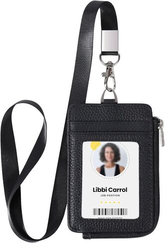 Badge Holder-Genuine Leather ID Badge Holder with Zipper Pocket and Nylon Lanyard – Perfect for Badges, Cards, and More in Saudi Arabia