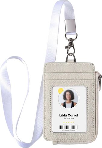 Badge Holder-Genuine Leather ID Badge Holder with Zipper Pocket and Nylon Lanyard – Perfect for Badges, Cards, and More in Saudi Arabia