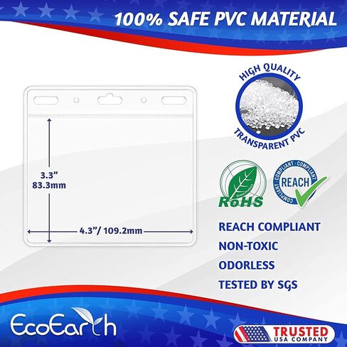 واقي بطاقة أفقي من EcoEarth بحافة ناعمة (كبيرة 4x3، 100 حزمة) جراب بلاستيكي شفاف لحاملي شارة اسم الهوية، وأكمام بطاقة اسم المؤتمر، بدون سحاب للتحميل السريع والسهل لإدراج البطاقات in Kuwait