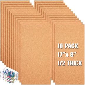 10 Pcs Cork Bulletin Board 17 x 8 Inches Thick Cork Board Tiles 1/2 Flameless Corkboards for Wall with 100 Pcs Pushpins Cork Sheets Self Adhesive Corkboards Wall Decor for Office Home School Supplies