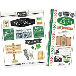 Ireland Scrapbook Stickers - Irish Stickers for Scrapbooking, Travel Journal, Planner, Photo Album, DIY Craft - Set of 2 Irish Scrapbook Stickers with Camera, Clover Leaf, Vacation Inspired Design