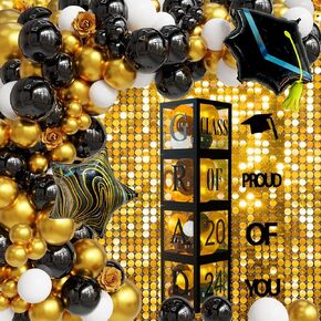 Grad Party Decorations 2024,4 Prom Boxes With Letters 112pcs Black Gold Cap Balloons Arch Garland Decor Pack, Class Of 2024 Party Favors For Kindergarten High School College Grades Graduation Supplies