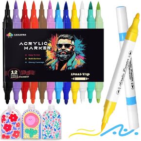 12 Colors Window Markers for Glass Washable, Dual Tip Acrylic Paint Pens Markers with 0.5-5mm, Liquid Markers for Glass Erasable, Car Markers, Fabric, Mirror, Rock (Brush Tip and Fine Tip)