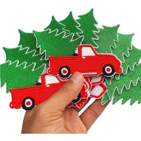 3.9“x2.2" 12pcs X'Mas Christmas Tree Truck Patch Iron On Pink up Truck Embroidered Patches Appliques Machine Embroidery Crafts Projects