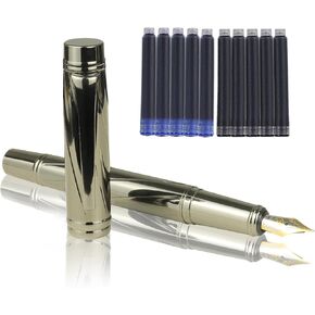 YUNCHUN Medium Nib Fountain Pen, Fancy Ink Pen for Writing, Nice Metal Pen with 5 Black & 5 Blue Ink Refills Cartridges, Business Professional Pen for Work, Best Pen Gift Set for Men & Women, Gun Gray