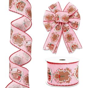 Christmas Wired Edge Ribbon Pink Gingerbread Man Gingerbread House Craft Ribbon Cute Fabric Ribbon for Xmas Winter Wreath Bow DIY Wrapping Party Decor, 12 Yard