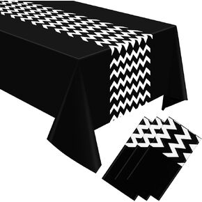 Irenare 3 Pcs 54'' x 108'' Black and White Tablecloth Disposable Chevron Table Cloth Black and White Decoration Zig Zag Striped Plastic Table Cloth for Christmas Thanksgiving Day Supplies(Black)