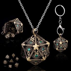 Mini Metal DND Dice Set Hollow D20 Necklace Dice DND Case Metal Dice Set DND Keychain 7PCS Dice Set Black Blue