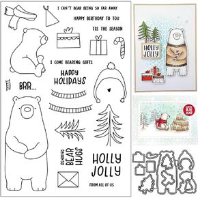 Briartw Stamps and Dies for Card Making,Bear Clear Stamps and Cutting Dies Set,Christmas Stamp for DIY Scrapbooking,Create Greetings Card,Invitations,Decoration Gift,4x6 Clear Stamp