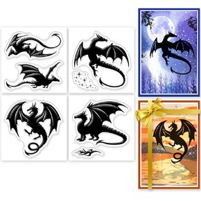 GLOBLELAND 4Pcs Mini Fire-Breathing Dragon Clear Stamps for DIY Scrapbooking Stars Flame Silicone Stamp Seals Transparent Stamps for Cards Making Photo Album Journal Home Decoration 2.2x2.2inch