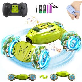 Gesture Sensing RC Stunt Car, 4WD Hand Controlled Remote Control Twist Car Toys for 6-12 yr Boys Girls - RC Car Gifts for Kids 6-8 8-13, 360° Rotating Transform Off Road w/Lights Music, Green