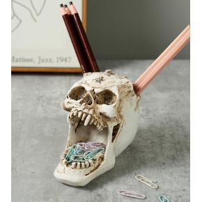 Skull Pen Holder,Makeup Brush Holder,for Vanity, Desk, Office Organizer, Trick Or Treat Decor，Halloween Candy Bowl，Spooky Goth Decorations (Skull, Square)