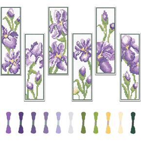 FREEBLOSS 6 Set Iris Cross Stitch Bookmark Kits Hand Embroidery Kit for Beginners Counted Cross Stitch Kit DIY Bookmark Kit Full Cross Stitch Embroidery Kit for Women Hobby 22 * 8cm