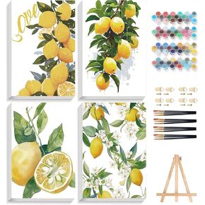 hyzsj 4 Pack Paint by Numbers Kit for Adults with Frame,Lemon Paint by Numbers for Adults, Paint by Number with Easel, DIY Peony Paint by Number Kits for Home Wall Decor（11.8x15.7inch