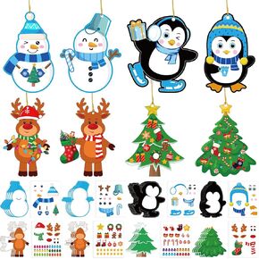 Lemicin 32PCS DIY Winter Christmas Stickers Craft Kits, Kids Holiday Art Making Christmas DIY Snowman Penguin Sticker Craft Hang Kit Make Your Own Snowman Crafts for Family Classroom Activities