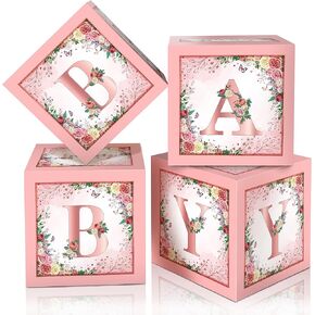 Floral Baby Shower Box Birthday Party Decoration Pink Balloon Blocks First Birthday Centerpiece Decor for Girls Rose Gold Gender Reveal Party Supplies…