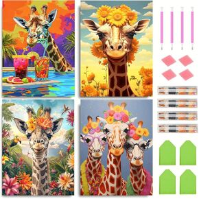 Santiway 4 Pack Giraffe Diamond Art Kits for Adults 5D Diamond Art Kit for Beginners DIY Paint with Round Full Drill Gem Art Painting for Home Wall Decor Gifts (11.8x15.7inch)