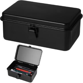 Steel Storage Box with Hinged Lid, Metal Container for Scrapbook Stamps, Rectangular Empty Hinged Metal Tool Box, Metal Storage Organizer for Pegs, Pens, Stationary (8 X 4 X 2 Inch)