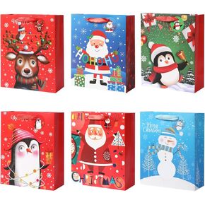 Vammy 6 Pack Christmas Gift Bags Assortment with Tissue Paper (3 Large 13", 3 Medium 9") 3D Cutout Round Film of Santa with HOHOHO, Adorable Snowman, Dreamy Elk with MERRY
