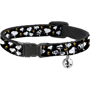 Peanuts Worldwide LLC Cat Collar, Breakaway Collar with Bell, Peanuts Snoopy and Woodstock Poses Scattered Black, 8.5 to 12 Inches 0.5 Inch Wide