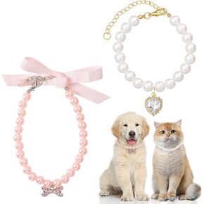 2 Pcs Cat Dog Collars,with Rhinestone Bones,Heart Shape Rhinestone Pet Necklace,Dog Pearl Necklace Collar Cats and Dogs Cute Accessories for Cats and Dogs Birthday, Party, Wedding (M)