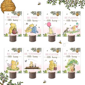 16Pcs Vintage Pooh Bear Baby Shower Centerpieces and Wooden Stands, Pink Classic Bear Party for Table Decorations, Double Side Oh Baby The Pooh Theme Party Supplies Decorations for Baby Girl
