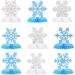 9pcs Snowflake Honeycomb Decoration, Winter Snowflake Table Wonderland Centerpieces Snow Flakes Confetti for Christmas Holiday Birthday Baby Shower Party Supplies (Blue & White)
