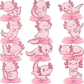 12Pcs Axolotl Happy Birthday Honeycomb Centerpiece Pink Glitter Aquatic Creature Pretty Hexagonal Dinosaur Party Decoration Coral Ocean Sea Fish Creatures Themed Birthday Party Supplies