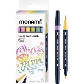 MONAMI Color Twin Brush Dual Brush Pen Double Tipped Fine & Medium Marker for Coloring/Calligraphy/Lettering, Dessert Pastel 6-Pack(Sunset Nude,Salmon Nude,Peach,Chocolate Milk,Cream Latte,Chocolate)