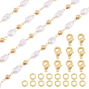 Magibeads 1 Yard Imitation Pearl Chain Belt 4.5-5mm Faux Pearl Brass Chain Golden Jewelry Making Chain with Jump Rings Lobster Clasps for Necklace Bracelet Keychain Making Supplies Crafts DIY