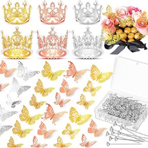 154 Pcs Crowns for Flower Arrangements Set 6 Pcs Small Crown Cake Topper 48 Pcs Gold Butterfly for Flower 100 Pcs Bouquet Corsages Pins Flower Mini Crowns for Cake Arrangements Wedding Birthday Party