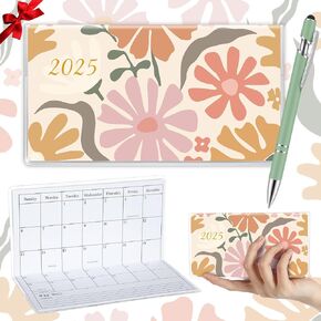 Gueevin 2025 Pocket Calendar for Purse with Pen Small Pocket Planner Handy Weekly Monthly Planner Journal Writing Notebook Christmas New Year Gift Sister Friend Women(Orange Red,Embroidery Floral)