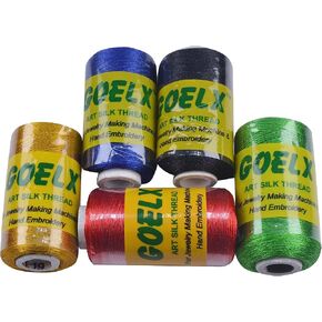 GOELX Silk Thread for Jewelery-Making 5 Spools - White,Red,Turquoise Blue,Green,Golden