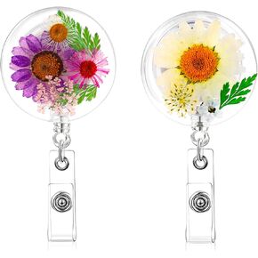 2 Pack Nurse Badge Reels Flower Badge Reel Cute Nursing Badge Reel, Badge Holder Retractable Clip Name Card Badge Clip, Handmade Dried Flower Resin Badge Reel for Nurse Doctor Teacher Office Worker