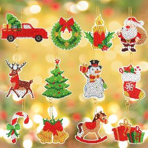 Hooqict 12 Pieces Christmas Diamond Art Kits Christmas Art Ornaments 5D DIY Painting Keychain Diamond Art Christmas Ornaments Gem Arts and Keychain Crafts for Kids Girls Boys