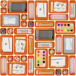 45 Pack Desk Drawer Organizer Tray, 3 Sizes Plastic Drawers Organizer Storage for Kitchen, Bathroom, Office, Vanity, Makeup, Utensils, Junk Drawer Organizer Bins, Gadget Trays for Organizing, Red in Kuwait