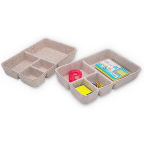 Welaxy Junk Drawer Organizer bin 4 Compartments Multi-Purpose decluttering and sorting Felt Divider Trays for Office Home Dorm (Oatmeal x 2)