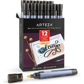 ARTEZA Oil Based Paint Markers, 12-Pack, Black, 2.5 mm Permanent Pens, Waterproof Craft and Art Supplies for Stone, Wood, Glass, Metal, Canvas, Paper