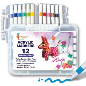 12 Colors Acrylic Paint Markers Set, Highly Pigmented, Medium Tip, Works for Rock Painting, Fabric, Canvas, Wood, Metal And Paper, Fast Drying, No Need To Shake or Press Down.