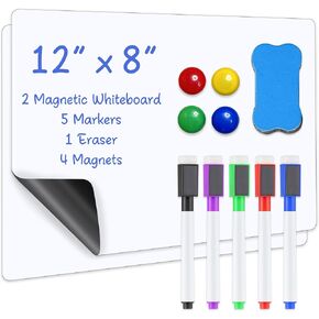 Magnetic Dry Erase Board Fridge White Board Sheet, 12"x8" 2 Pack Small Kitchen Refrigerator Whiteboard, Smooth and Flexible Small Magnet Blank Notepad for Home Kitchen Organizer and Planner