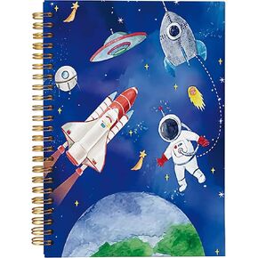 VNWEK Watercolor Space Astronaut Earth and Solar System Rocket UFO Spiral Notebook Journal 5.5 x 8.3 inches,Cartoon Spaceman Lined Hardcover Spiral Notebook,Boho Gifts for Boys Kids Teenagers