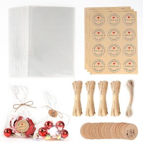 ATROPOS 200Pcs Clear Soap Bags with Kraft Paper Label Sticker and Hemp Rope for DIY Soap Craft Gift Packaging and Party Favors (5.1"x 7.8")