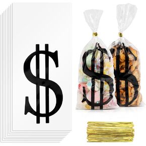 Money Treat Bags, 100PCS Dollar Sign Candy Bags, 10.63x5 Inch Dollar Sign Cellophane Treat Bags, Plastic Cookies Goodie Bags Gift Bags with Twist Ties for Halloween Casino Pirate Party Favors Supplies
