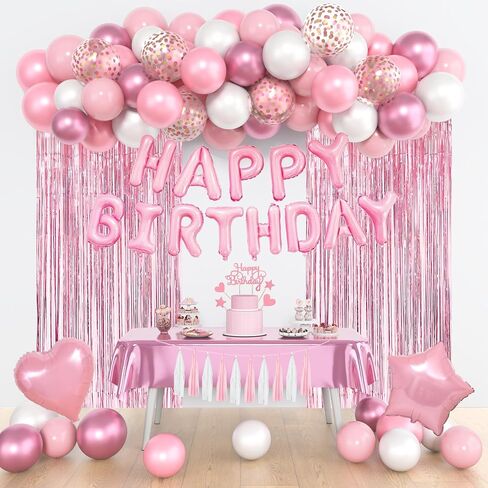 Pink Birthday Party Decorations, Happy Birthday Banner Tablecloth Cake Toppers Fringe Curtain Tassels Pink and White Confetti Foil Balloons for Girls Women Wedding Baby Shower Party Supplies in Saudi Arabia