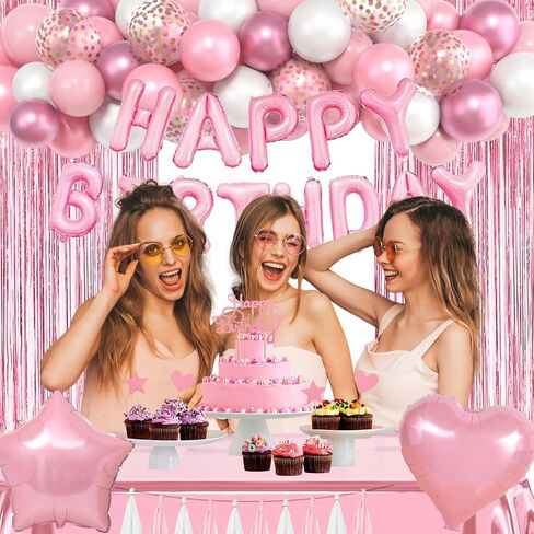 Pink Birthday Party Decorations, Happy Birthday Banner Tablecloth Cake Toppers Fringe Curtain Tassels Pink and White Confetti Foil Balloons for Girls Women Wedding Baby Shower Party Supplies in Saudi Arabia